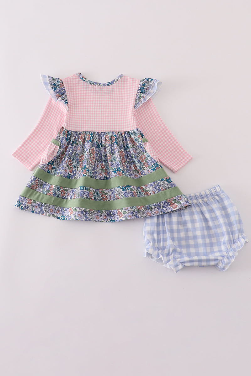 Blue floral pumpkin embroidery ruffle bloomer set - Abbies Place