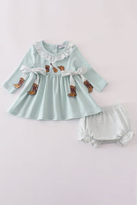Blue boots embroidery ruffle bloomer set