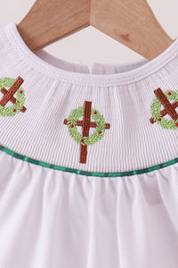 White wreath smocked romper