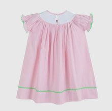 Load image into Gallery viewer, Pink Pinstripe Pom Pom Bunny Smocked Bishop Dress

