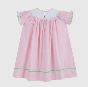 Pink Pinstripe Pom Pom Bunny Smocked Bishop Dress