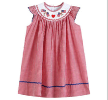 Load image into Gallery viewer, Red Gingham American Flag Smocked Bishop Dress - Image #1
