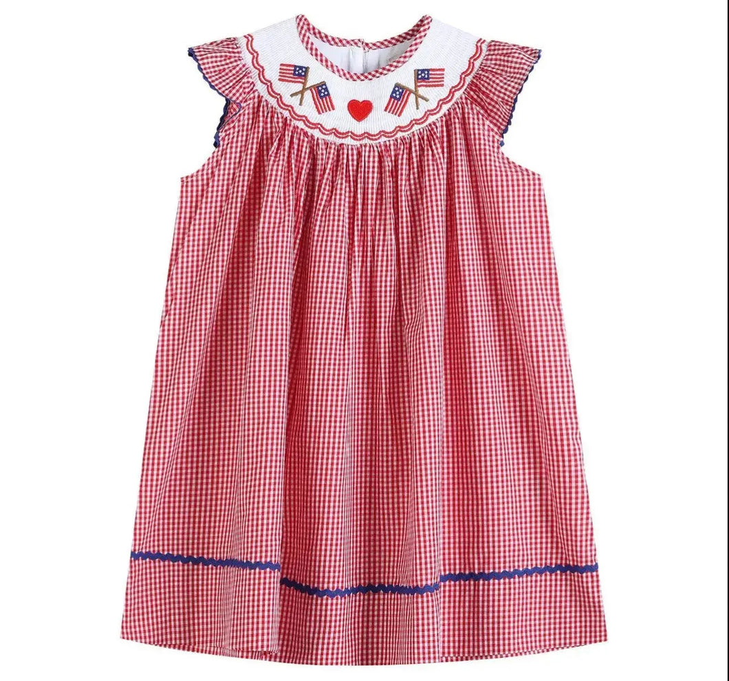 Red Gingham American Flag Smocked Bishop Dress - Image #1