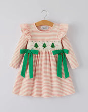 Load image into Gallery viewer, Christmas Tree Smocked Embroidery Stripe Baby Girls Dress-Ships 10/15
