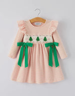 Christmas Tree Smocked Embroidery Stripe Baby Girls Dress-Ships 10/15
