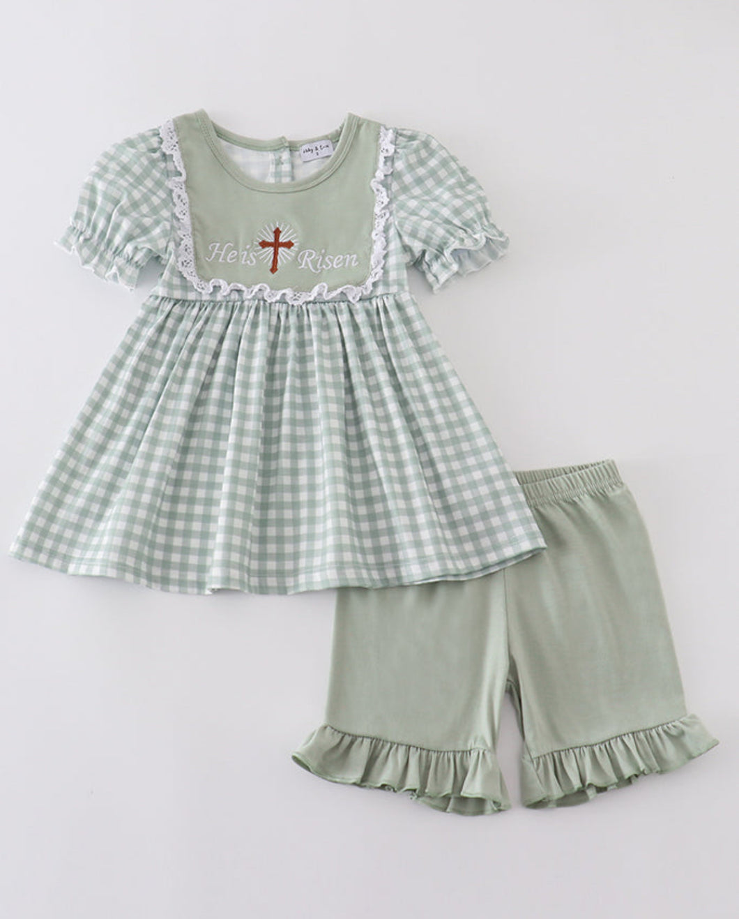 Sage easter he is risen cross embroidery girl set