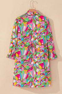 Pink Abstract Printed Lantern Sleeve Buttoned Mini Dress - Image #5