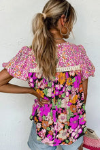 Load image into Gallery viewer, Women Bubble Sleeve Lace Trim Floral Mixed Blouse - Image #5
