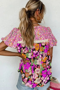 Women Bubble Sleeve Lace Trim Floral Mixed Blouse - Image #5