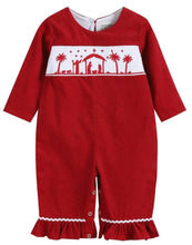 Load image into Gallery viewer, Red Nativity Smocked Ruffle Cuff Baby Playsuit - Image #1
