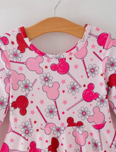 Load image into Gallery viewer, Valentine Dress For Girls - Pink Dress with Daisy &amp; Lollipop Print-Ships 11/20
