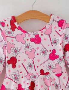 Valentine Dress For Girls - Pink Dress with Daisy & Lollipop Print-Ships 11/20