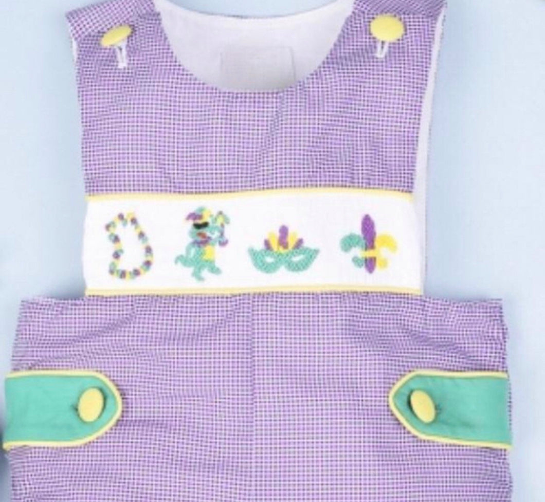 Mardi Gras Hand Smocked Boys Shortalls