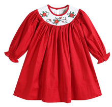 Load image into Gallery viewer, Red Christmas Mistletoe Smocked Long Sleeve Bishop Dress - Image #1
