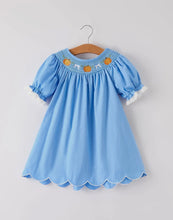 Load image into Gallery viewer, Blue Fall Thanksgiving&amp;Halloween
Pumpkin Smock Embroidery Lace Baby Girl Dress-Ships 10/15
