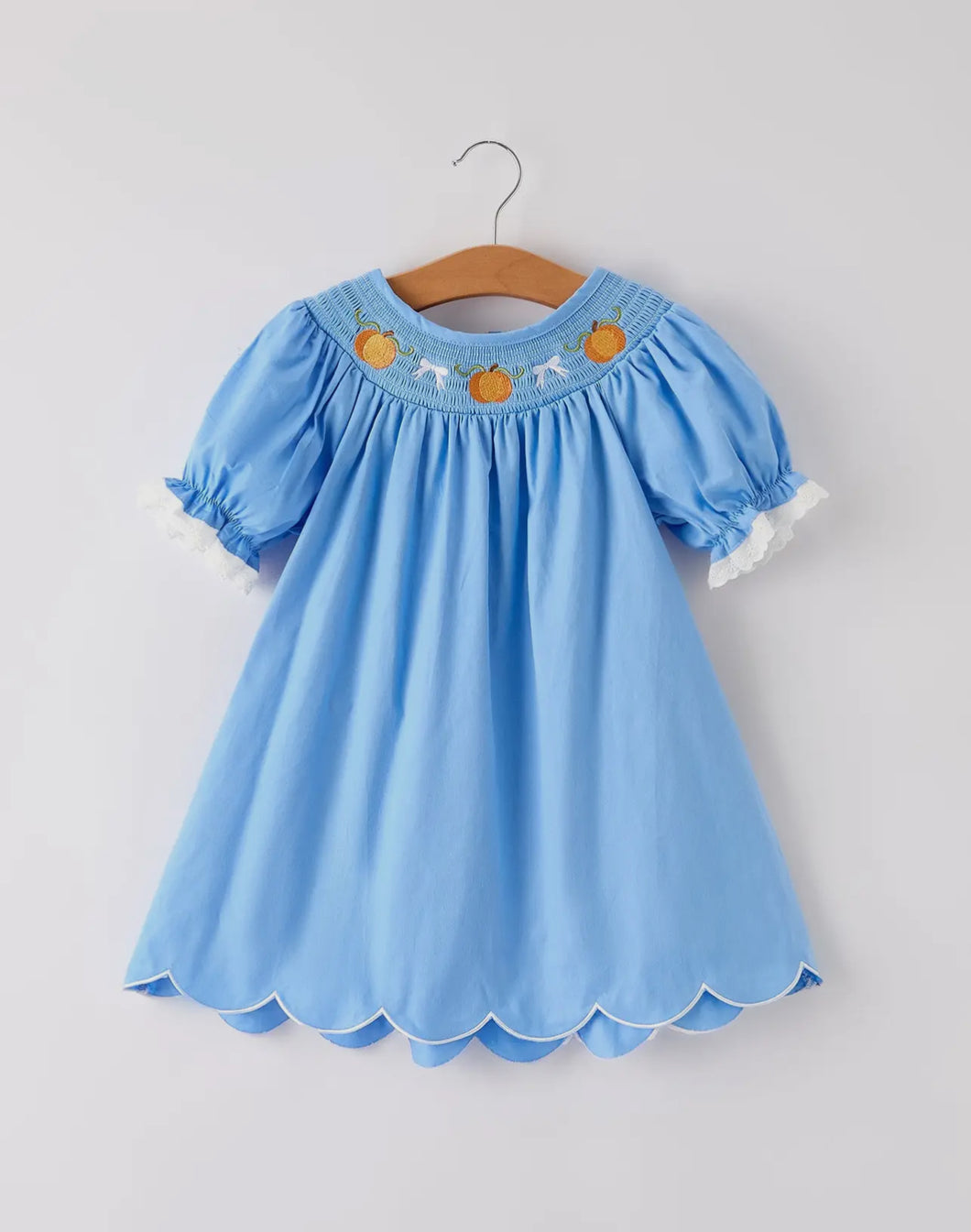 Blue Fall Thanksgiving&Halloween
Pumpkin Smock Embroidery Lace Baby Girl Dress-Ships 10/15