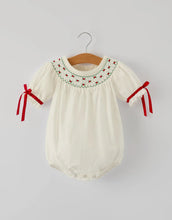 Load image into Gallery viewer, Christmas Girl&#39;s Romper: Delicate Embroidery with Red Bow Details-Ships 10/20
