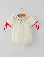 Christmas Girl's Romper: Delicate Embroidery with Red Bow Details-Ships 10/20
