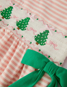 Christmas Tree Smocked Embroidery Stripe Baby Girls Dress-Ships 10/15