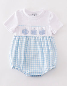 Blue pumpkin embroidery plaid boy bubble