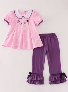 Pink plaid halloween embroidery girl set