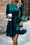 Long sleeve smocked velvet dress