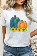 Fall Tee Blue Orange Sunflower Pumpkins