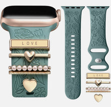 Load image into Gallery viewer, Flower Engraved Silicone Band Compatible with Apple Watch Bands for Women 40mm 38mm 41mm 42mm 44mm 45mm 46mm 49mm,Soft Band with Decorative Charms for iWatch Series 10 9 8 7 6 5 4 3 2 1 SE
