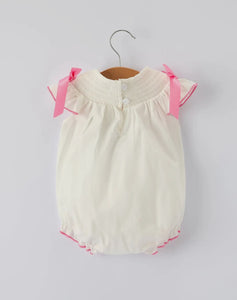 Fall White Baby Girls Romper with Pink Bow Embroidery/Ships 10/10