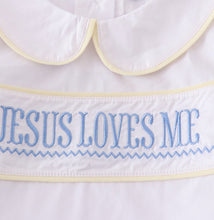 Load image into Gallery viewer, Easter seersucker Jesus loves me embroidery boy set
