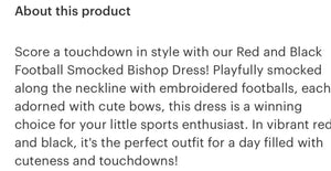 Preorder ETA 7/15-8/15-Red and Black Football Smocked Bishop Dress - Image #2