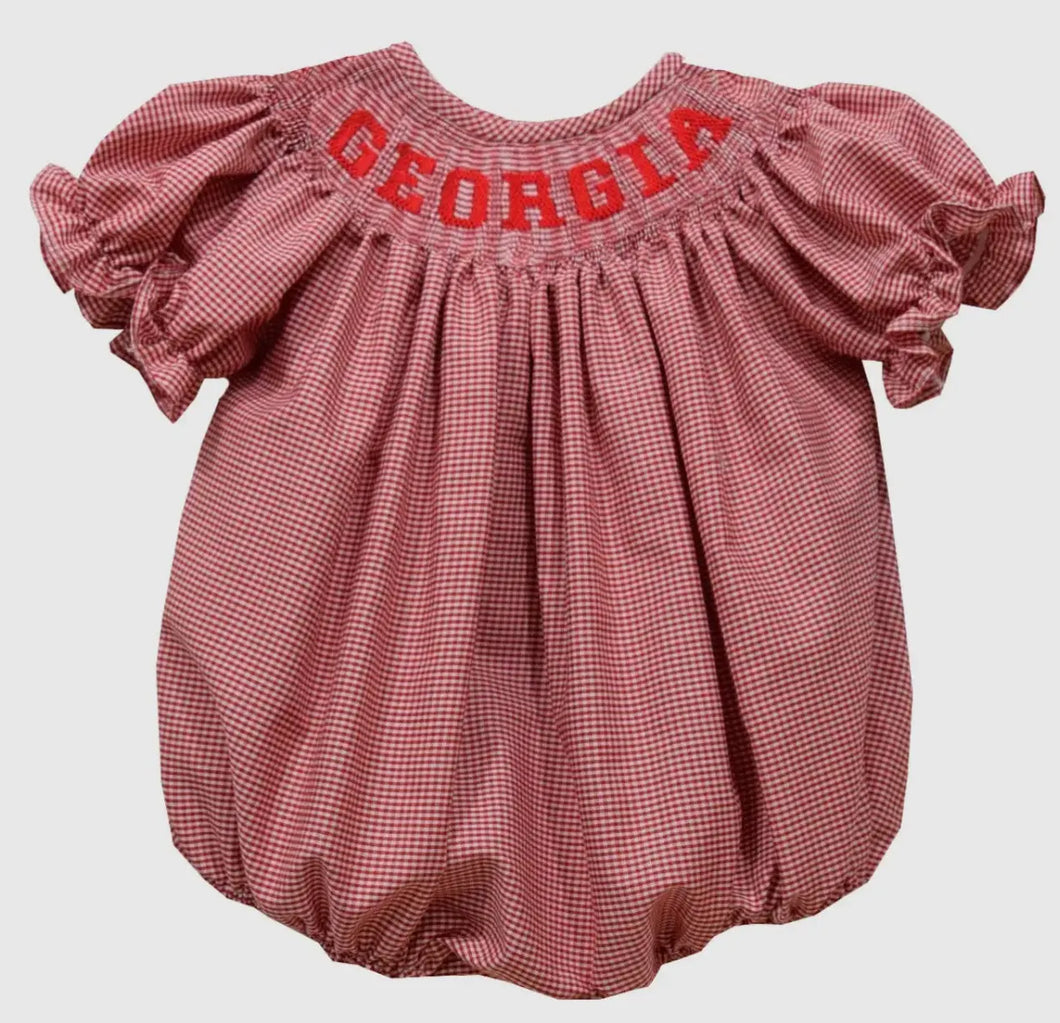 Ready to ship-Georgia Smocked Red Gingham Short Sleeve Girl Bubble - Image #1