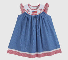 Load image into Gallery viewer, Star Print USA Flag and Fireworks Smocked Bishop Dress - Image #1
