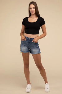 Mid Rise Raw Frayed Hem Denim Shorts - Image #4