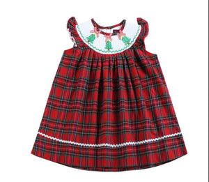 Red and Green Plaid Christmas Tree Smocked Bishop Dress - Image #1