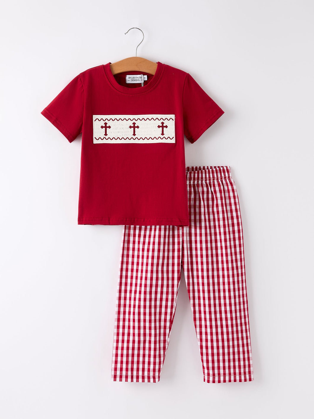 Red Plaid Smocked Church Christ Bishop Christening Boys'Set