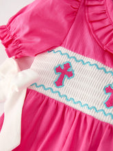 Load image into Gallery viewer, Pink Smocked Church Christ Bishop Christening Bow Baby Girl Romper
