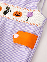 Load image into Gallery viewer, Fall Halloween Purple Balloon Pumpkin Cat Smock Embroidery Baby Boy Romper
