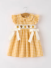 Load image into Gallery viewer, Autumn Thanksgiving Yellow Plaid Turkey Pumpkin Embroidery Smock Girl Dress
