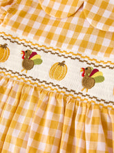 Load image into Gallery viewer, Autumn Thanksgiving Yellow Plaid Turkey Pumpkin Embroidery Smock Girl Dress
