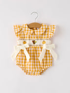 Autumn Thanksgiving Yellow Plaid Turkey Pumpkin Embroidery Smock Girls Romper