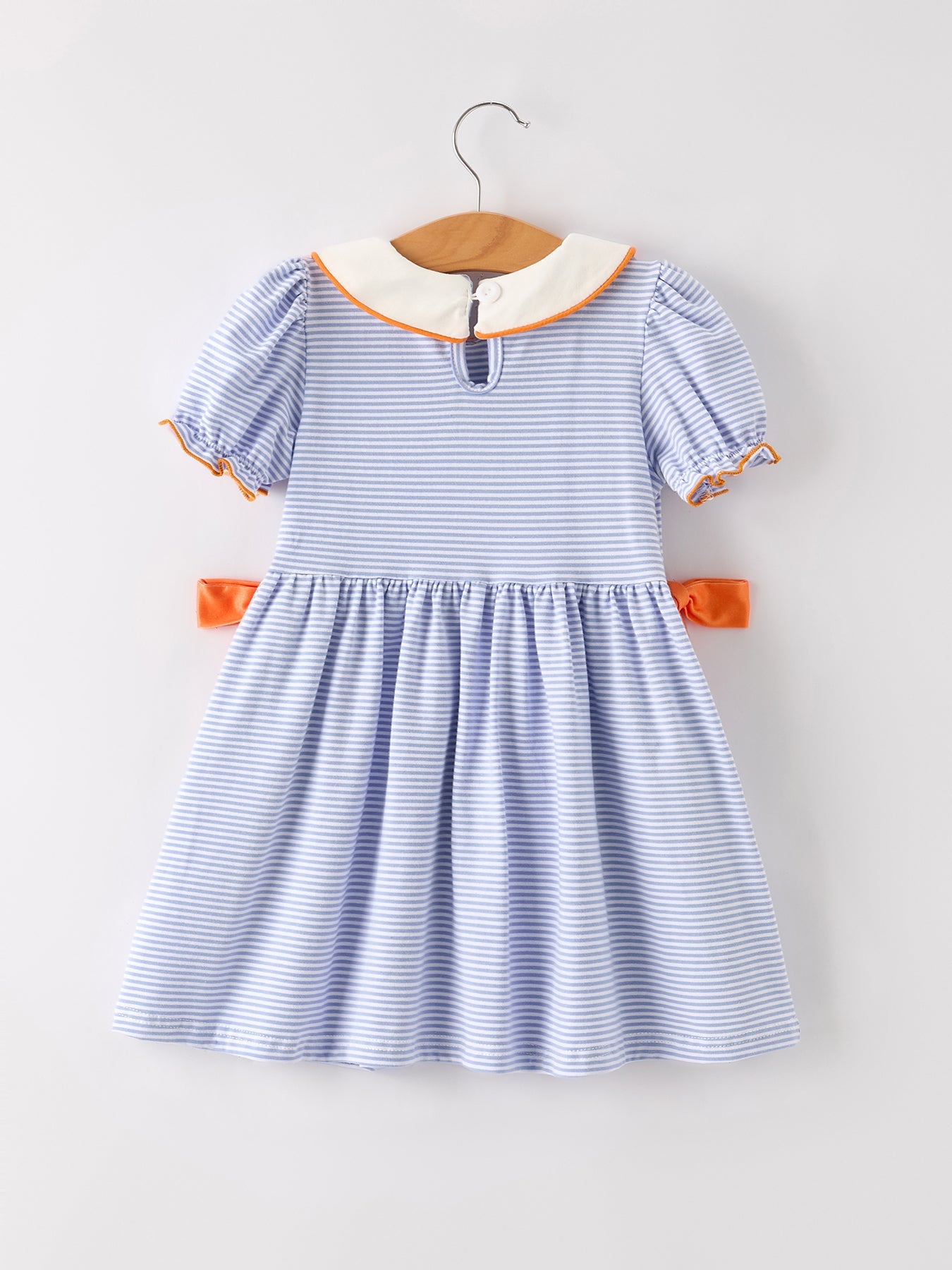 Fall Thanksgiving and Halloween Lapel Stripe Pumpkin Applique Bow Girls Dress