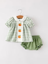 Load image into Gallery viewer, Fall Halloween &amp; Thanksgiving Applique Plaid Girls Bloomers Romper Set
