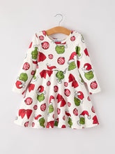 Load image into Gallery viewer, Winter Christmas Santa Hat Character Print  Green Girls Dress
