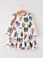 Winter Christmas Tree Character Print Girls Long Sleeve Casual Dress