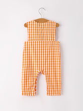 Load image into Gallery viewer, Fall Turkey Embroidered Romper for Baby Boys – Orange Checkered with Halloween Details
