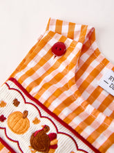 Load image into Gallery viewer, Fall Turkey Embroidered Romper for Baby Boys – Orange Checkered with Halloween Details
