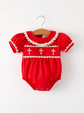 Load image into Gallery viewer, Red Christmas Baby Girls Romper: Cross Embroidery with Lace Trim
