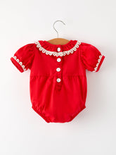 Load image into Gallery viewer, Red Christmas Baby Girls Romper: Cross Embroidery with Lace Trim
