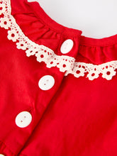 Load image into Gallery viewer, Red Christmas Baby Girls Romper: Cross Embroidery with Lace Trim
